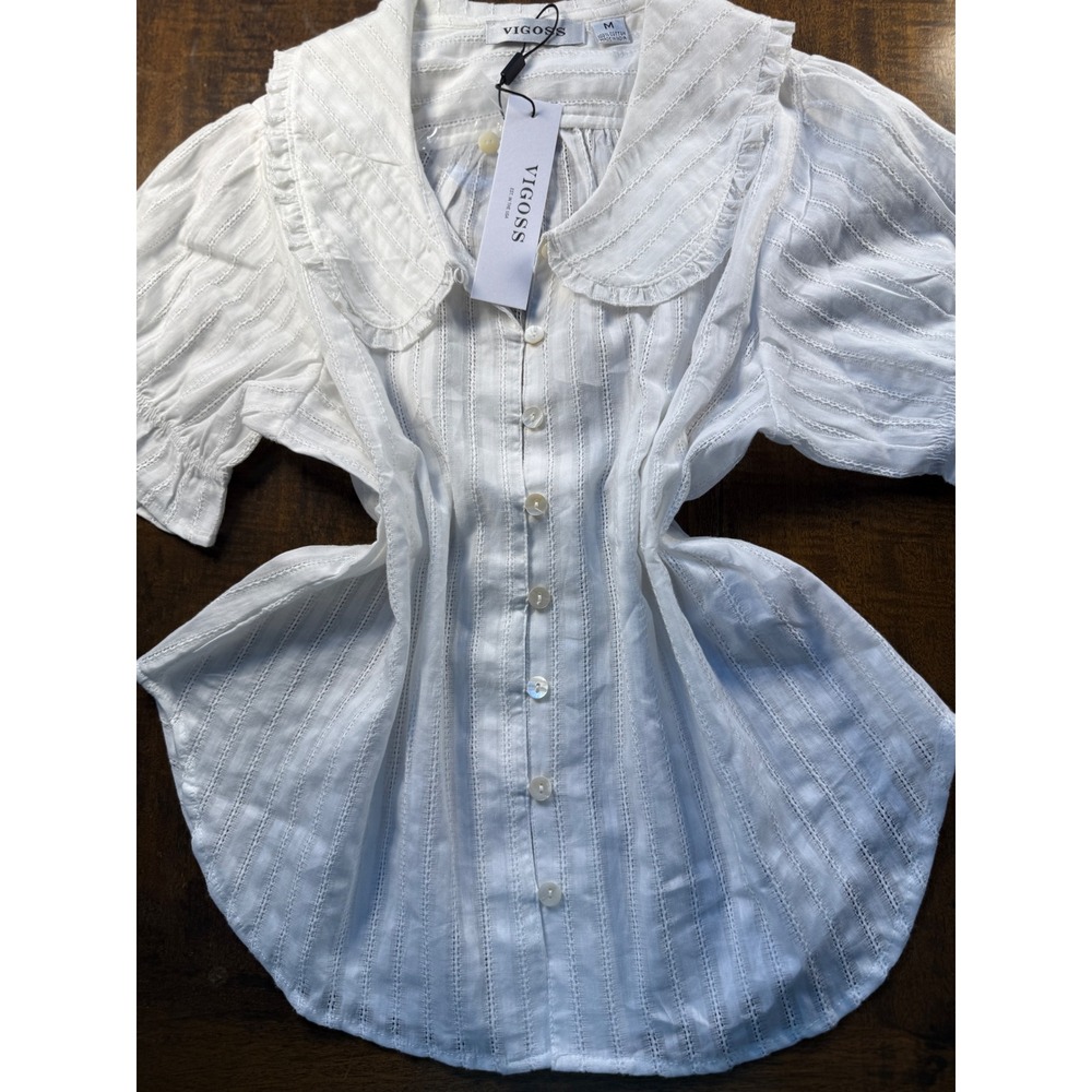 Blouse Medium White NWT Peter Pan Collar Puff Sleeve Cotton Top Cottagecore Boho